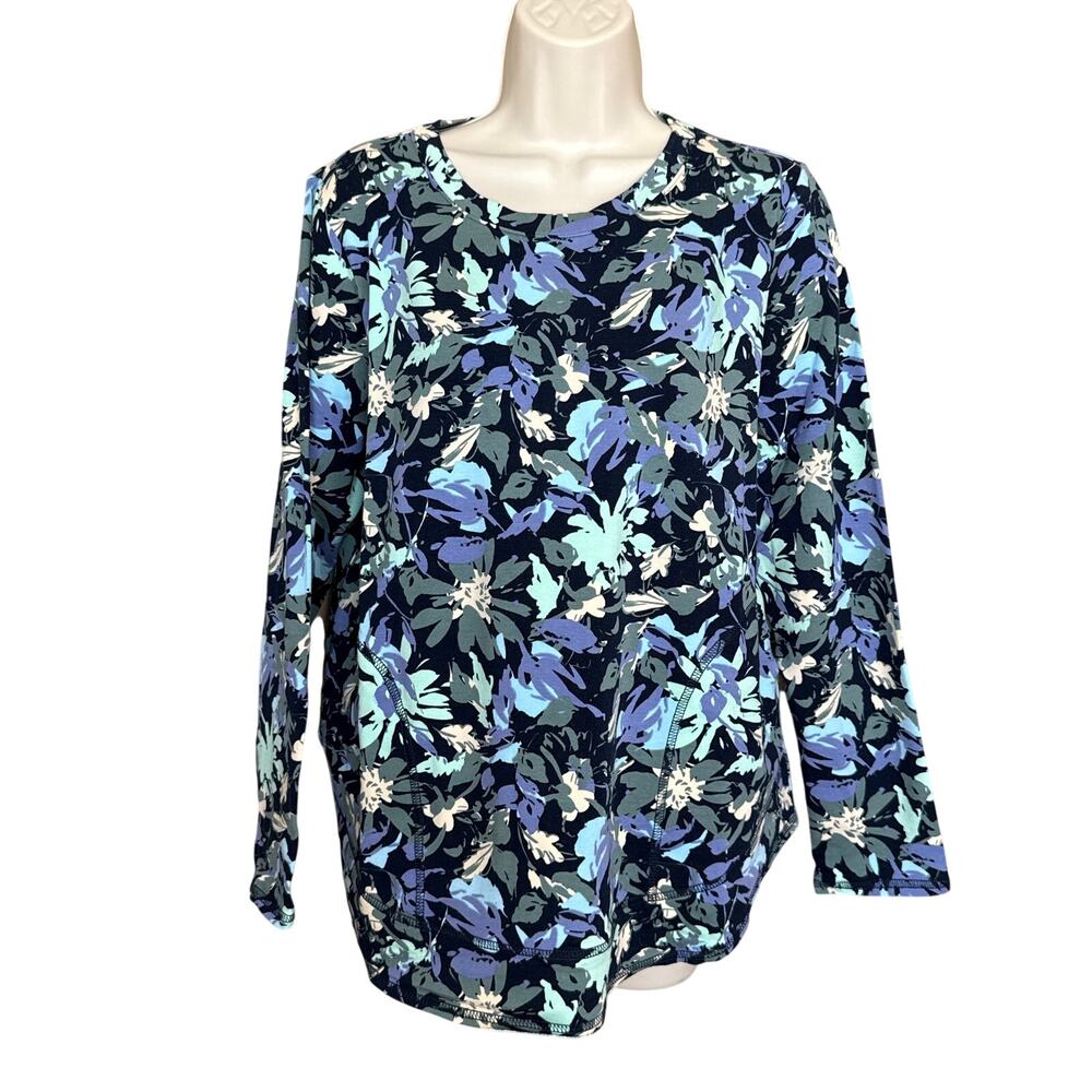 Zuda Z-knit Curved Hem French Terry Long Sleeve Pullover Navy Floral Top S NWOT